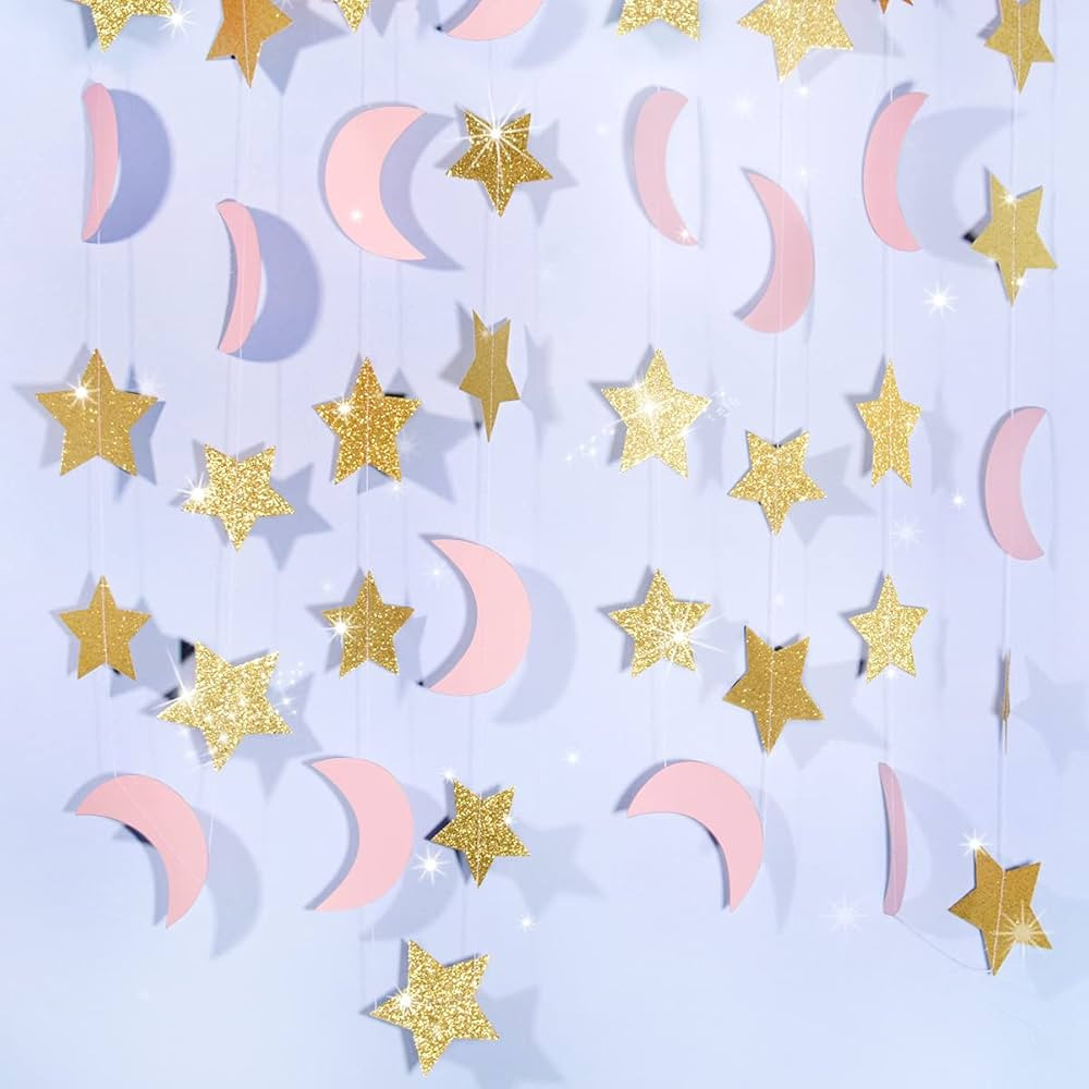 Moon and Stars Garland 2PCS Glitter Gold Twinkle Stars Pink Crescent Paper Garlands Hanging Decor... | Amazon (US)