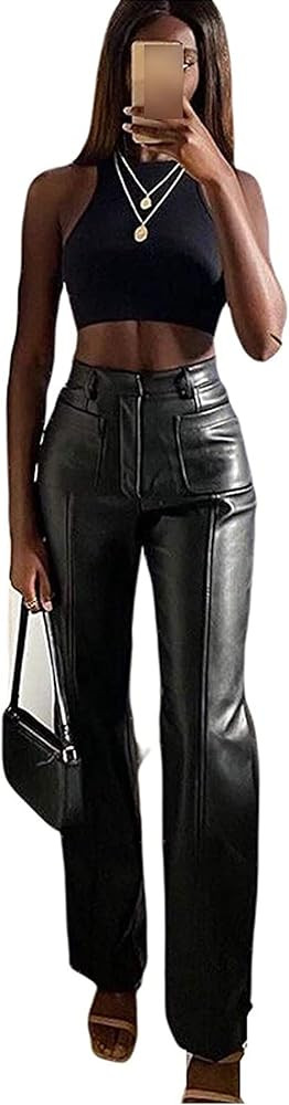 Shuyun Women Faux Leather Pants Solid Color High Waist Straight Wide Leg Leggings Slim Fit Trouse... | Amazon (US)