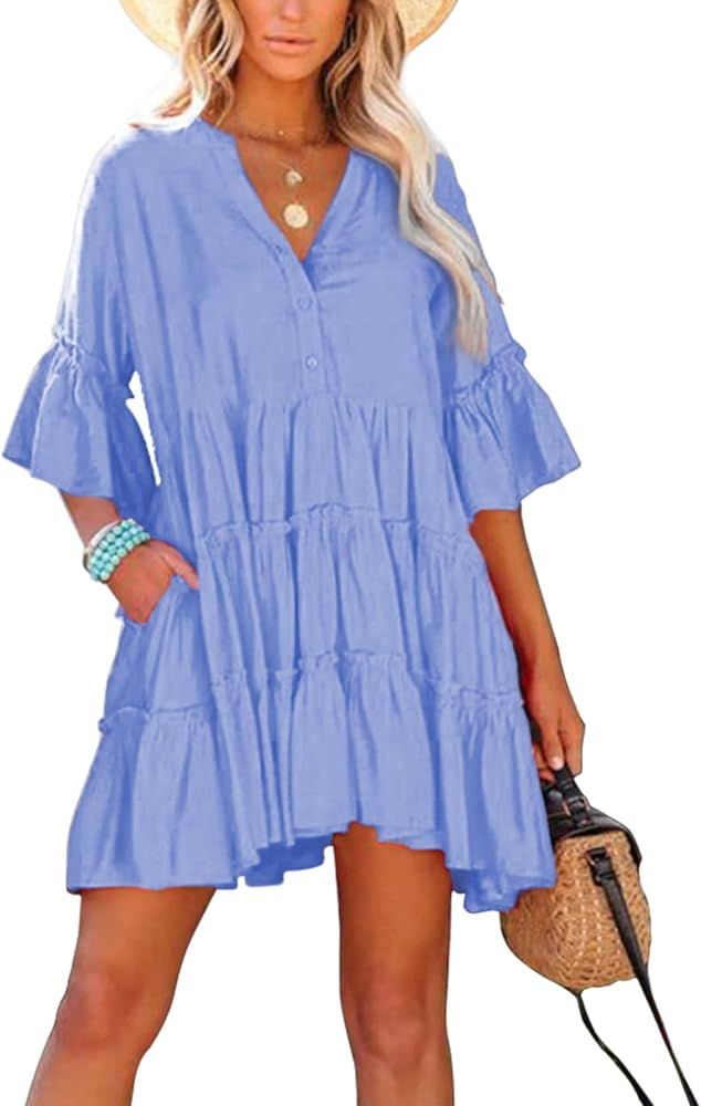 Womens Casual Summer Dress 2023 V Neck Bell Sleeve Mini Loose Flowy Swing Shift Beach Dresses | Amazon (US)