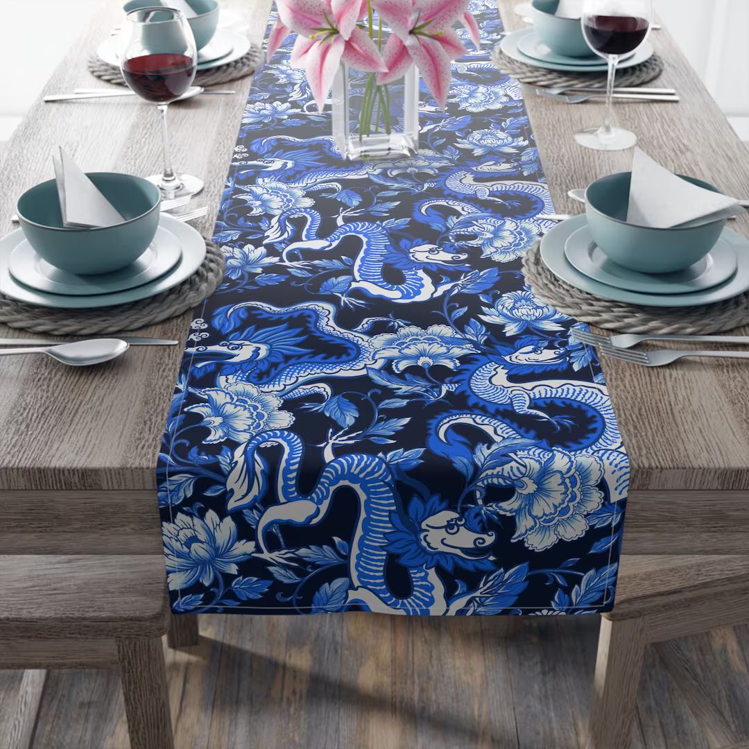 Chinoiserie Table Runner Oriental Table Decor Navy Blue Dragon Kitchen Decor Asian Decor Vintage ... | Etsy (US)