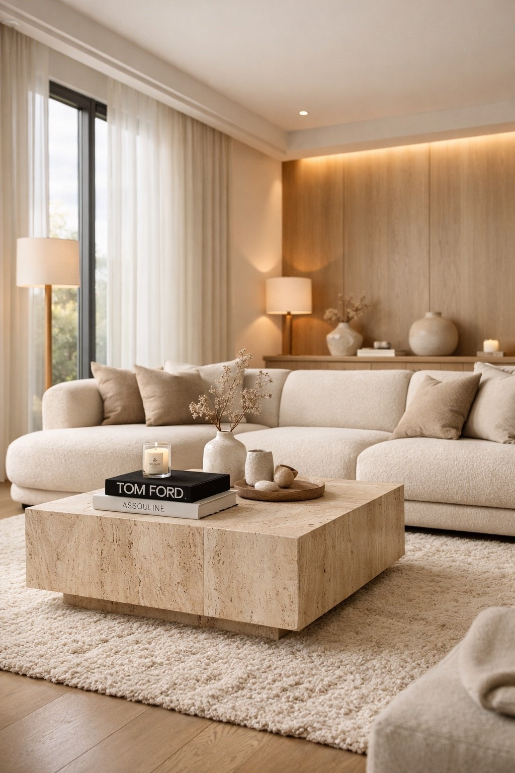 Cozy modern living room with a soft neutral sofa, travertine coffee table and warm wood accents. A timeless interior that feels calm, elegant and perfectly balanced. Save for modern living room inspiration. #livingroomdecor
#cozyinterior
#modernhome
#neutralhome
#interiorinspiration
#homedecorideas
#luxuryinterior
#modernliving
#ltkhome
