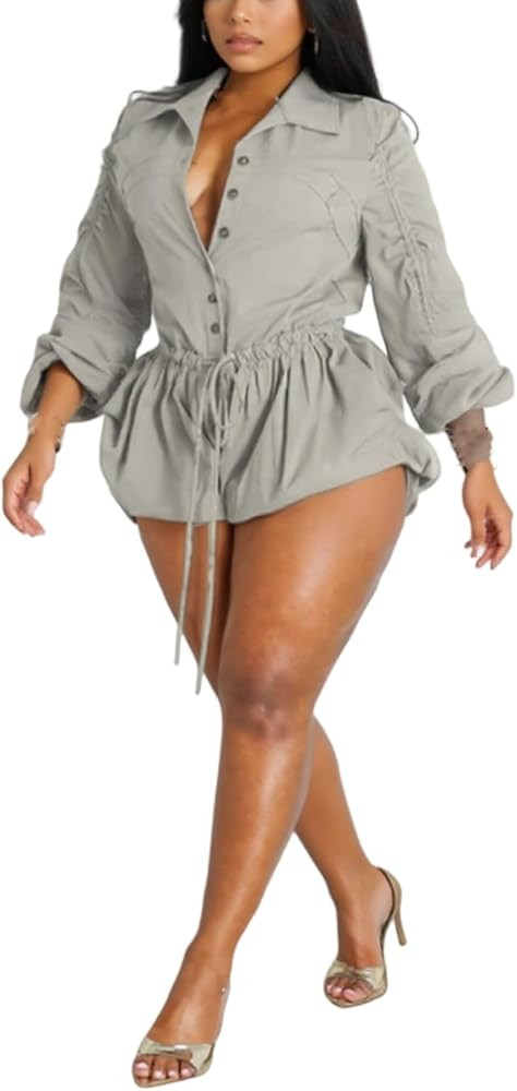 Unybwonn Women's Cargo Rompers Long Sleeve One Piece Bubble Short Jumpsuit Casual Ruched Drawstri... | Amazon (US)