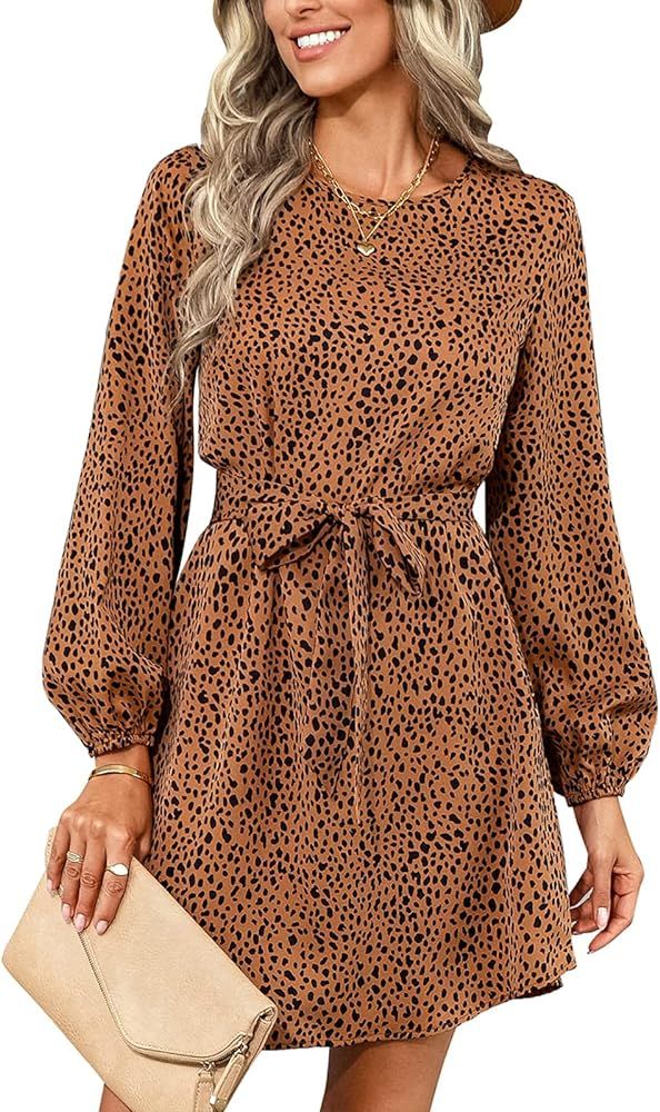 IFFEI Women's Fall Long Sleeve Dress Crew Neck Leopard Print Casual Swing Flowy Short Mini Dresses w | Amazon (US)