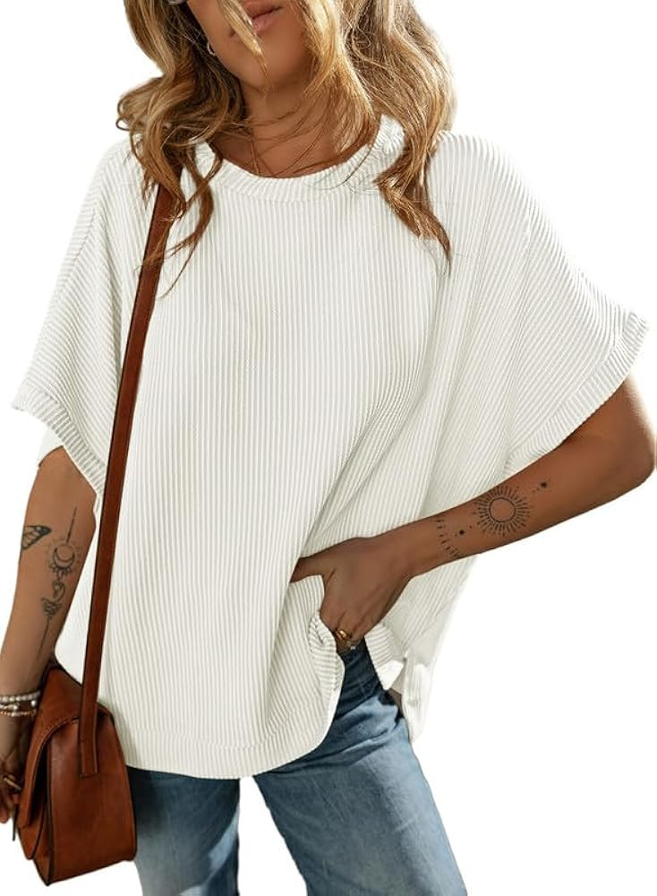 Dokotoo Women's Casual Oversized Short Sleeve Solid Color Loose Texture Knit Tunic Tops Blouses | Amazon (US)