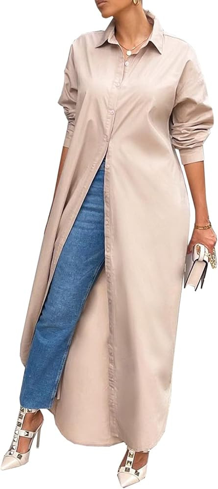 Choichic Shirt Dresses for Women Casual Long Sleeve Cotton Button Down Maxi Dresses | Amazon (US)