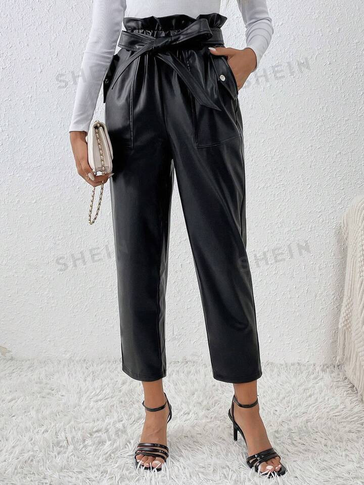 SHEIN Frenchy Paperbag Waist Belted PU Leather Pants | SHEIN