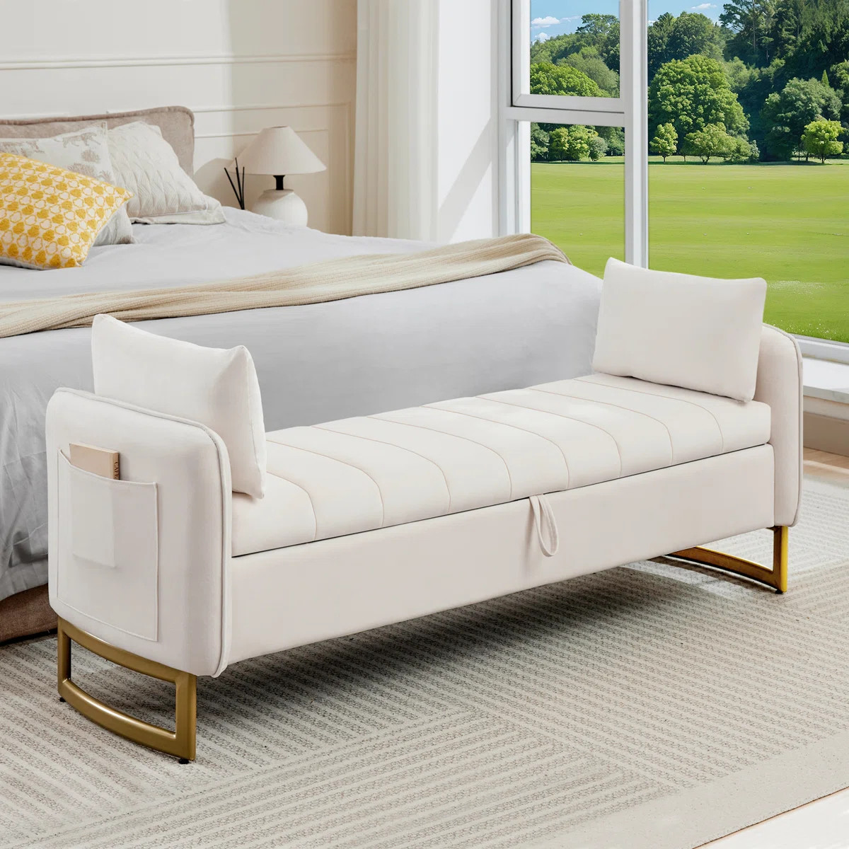 66"W Modern Tufted End of Bed King Size Storage Bench for Bedroom with Gold Legs and Two Pillows,... | Wayfair North America