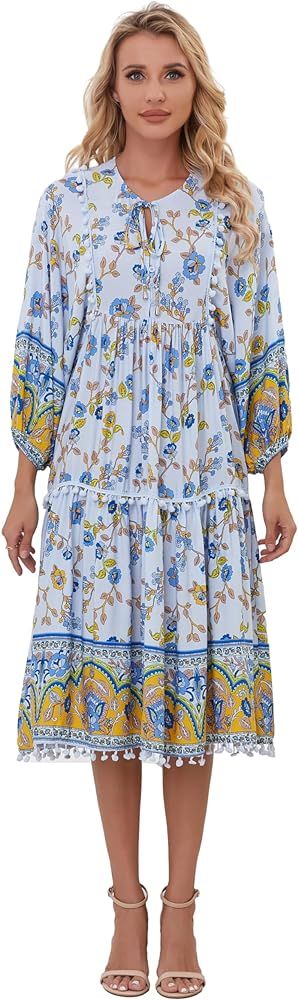 Women's Bohemian V Neck Floral Print A-line Casual Midi Long Dress | Amazon (US)