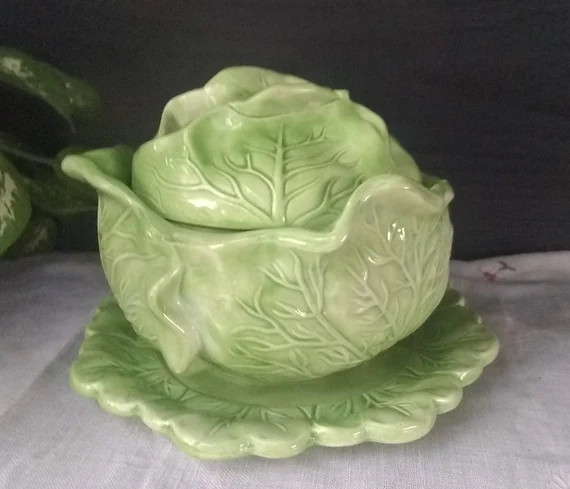 Majolica Lettuce Cabbage Lidded Bowl with Under Plate Vintage Holland Mold | Etsy (US)