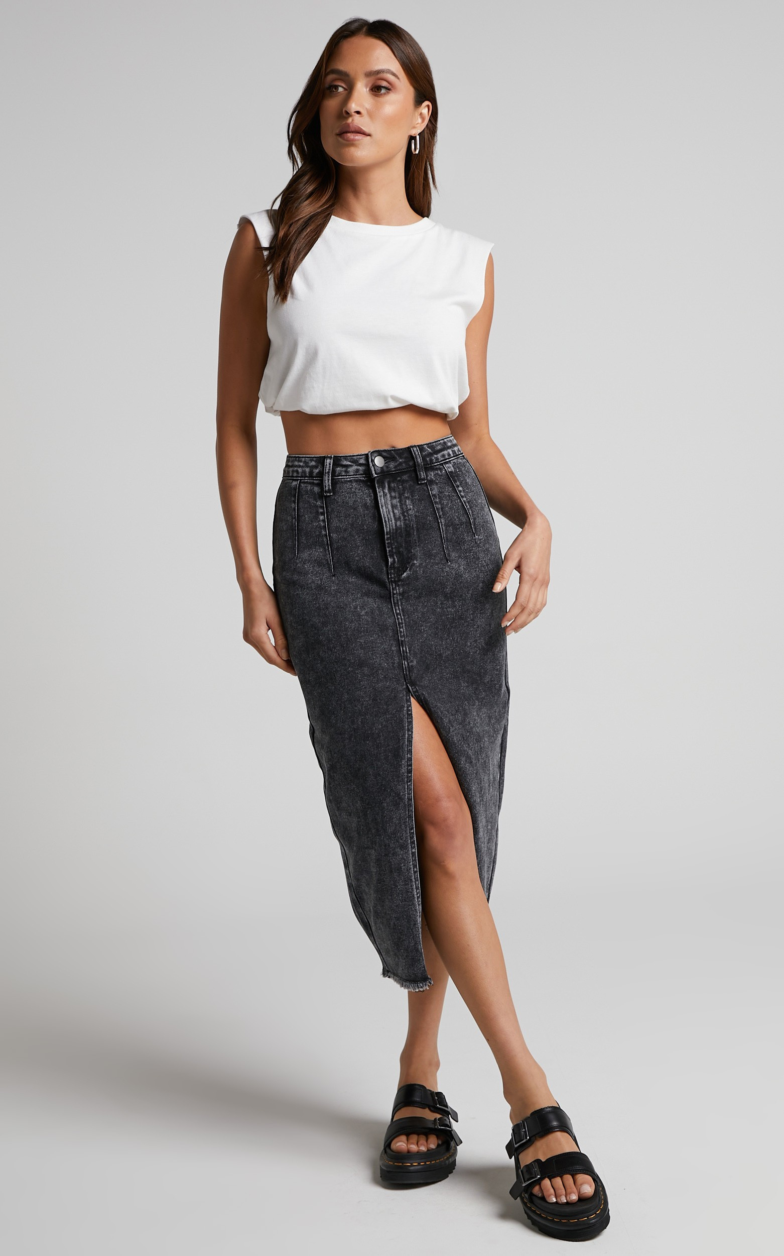 Janeve Midi Front Split Denim Skirt in Black Acid Wash | Showpo (US, UK & Europe)