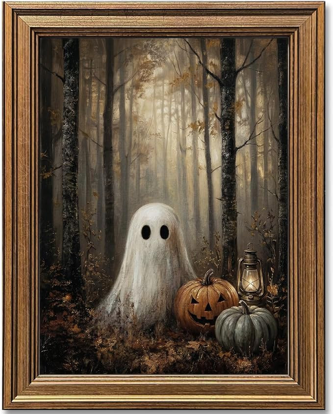 Wemandh Vintage Halloween Wall Art, Gold Framed Spooky Forest Ghost and Pumpkin Canvas Print, Dar... | Amazon (US)