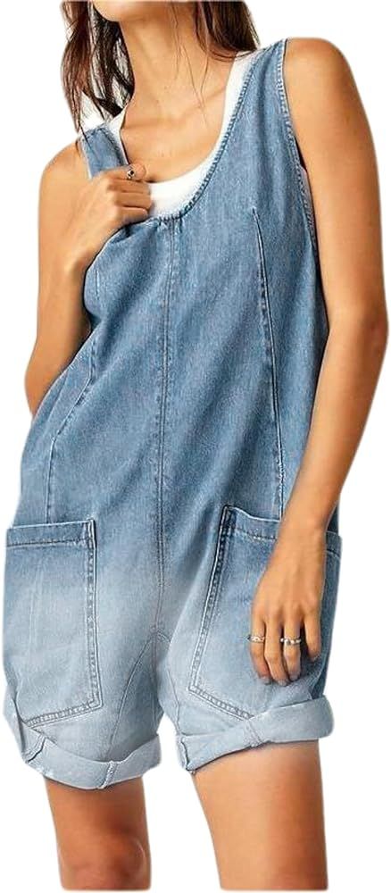 LifeShe Women's Denim Overall Shortall Casual Loose Sleeveless V Neck Jean Overalls Shorts Romper... | Amazon (US)