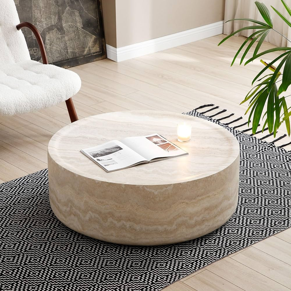 LUMISOL 35.43” Round Coffee Table, Modern Tea Faux Travertine Textured Table, Fiberglass Side T... | Amazon (US)