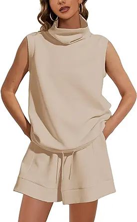 Meladyan Women 2 Piece Tracksuit Turtleneck Sleeveless Vest Tank High Waist Drawstring Shorts wit... | Amazon (US)