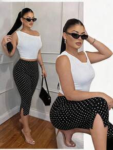 SHEIN SXY Black Polka Dot Print High-Elastic Knit High-Waist Cropped Leggings,Capri Pants,Casual,... | SHEIN