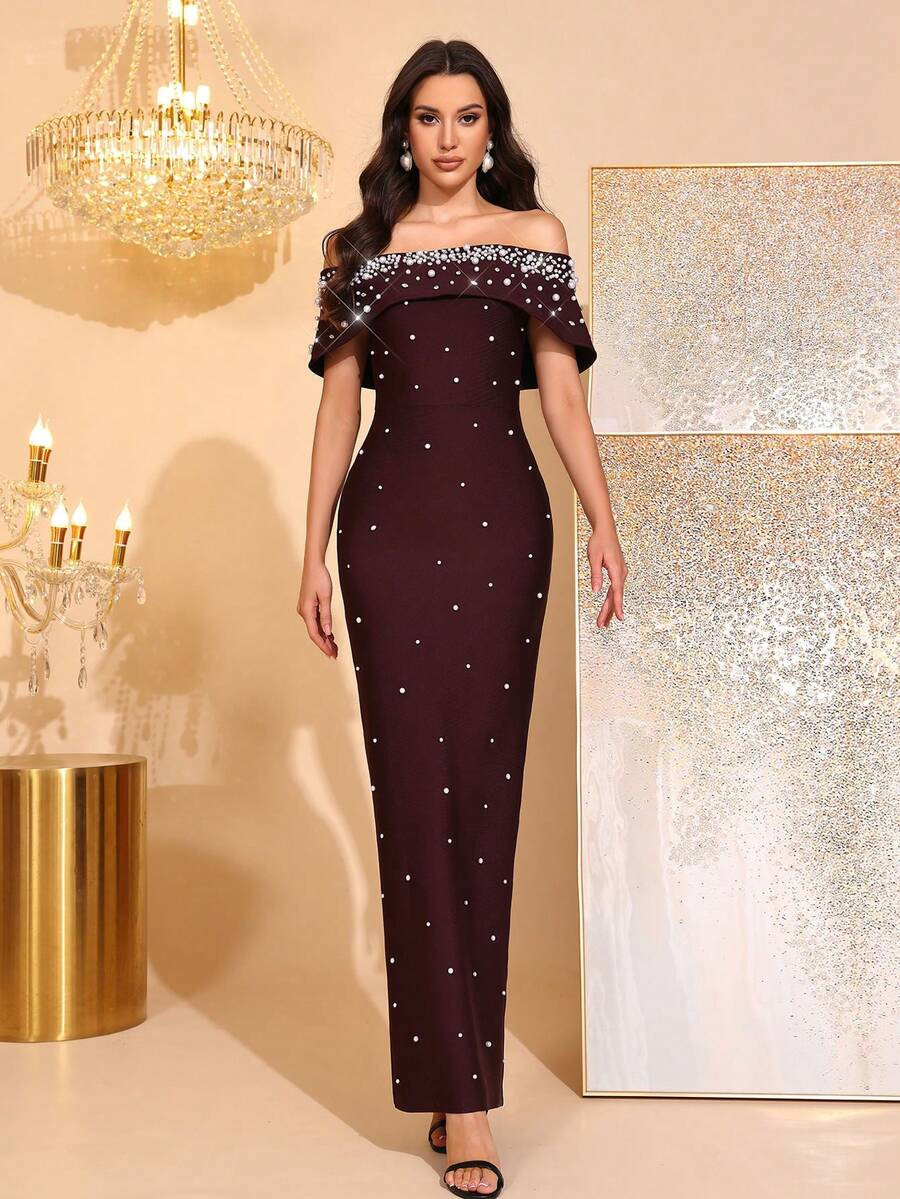 New Elegant Faux Pearl Rhinestone Embellished Off Shoulder Backless Sleeveless Bodycon Maxi Banda... | SHEIN