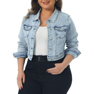 Women's Plus Size Cropped Long Sleeve Trendy Fashion Denim Jean Jackets - Agnes Orinda 4X Light Blue Snow Wash | Target