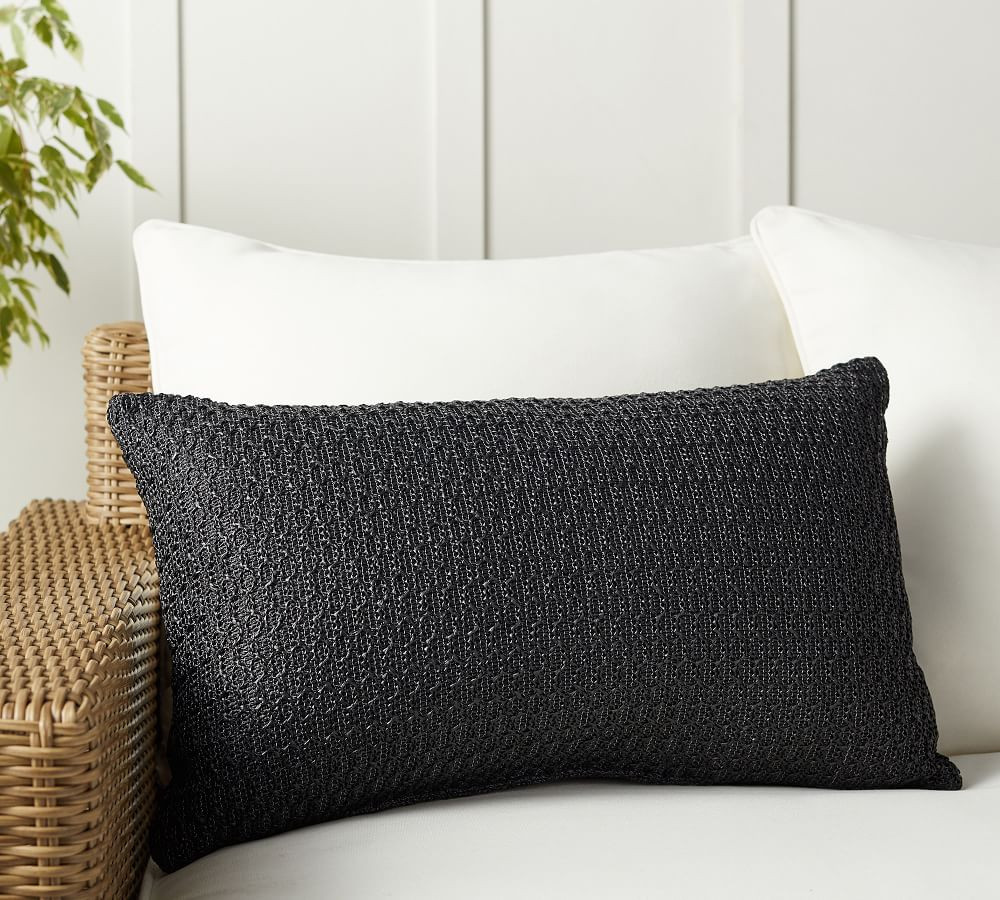 Faux Natural Fiber Honeycomb Indoor/Outdoor Lumbar Pillow, 16 x 26&amp;quot;, Black | Pottery Barn (US)