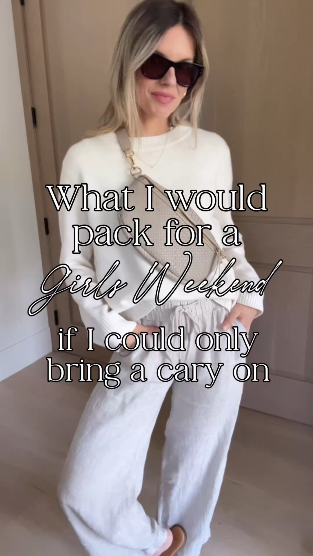 If I were going on a trip and could only bring a carry-on, this is what I would pack! ￼

I’m wearing a size small and everything which is my normal size except for the white cashmere sweater. I have it in two shades of brown in size small and I love the fit, but I wanted this one to fit a little bit more snug so I size down to the extra small. I love the way both fit so I think you could size down or get your normal size depending how oversized you’d want it. 

And then my Crossbody bag is a total dupe for the Clare V Grande bag that everybody raves about. Except mine is way more affordable! ￼

#LTKSeasonal #LTKTravel #LTKOver40