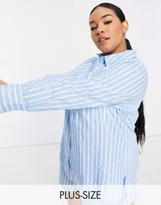 River Island Plus striped logo pajama shirt in blue - part of a set | ASOS (Global)