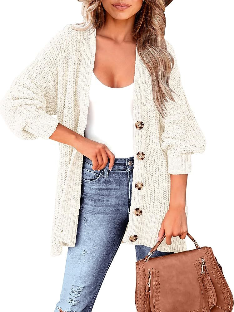 BTFBM Women's Button Down Cardigan Coat Long Sleeve Fall Winter Clothes Loose Chunky Knit Open Fr... | Amazon (US)