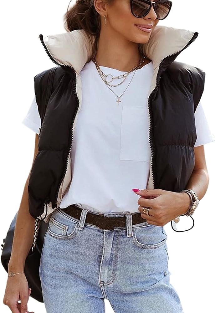 Hvewarm Women's Winter Crop Puffer Vest Reversible Wear Zip Up Stand Collar Sleeveless Warm Outer... | Amazon (US)