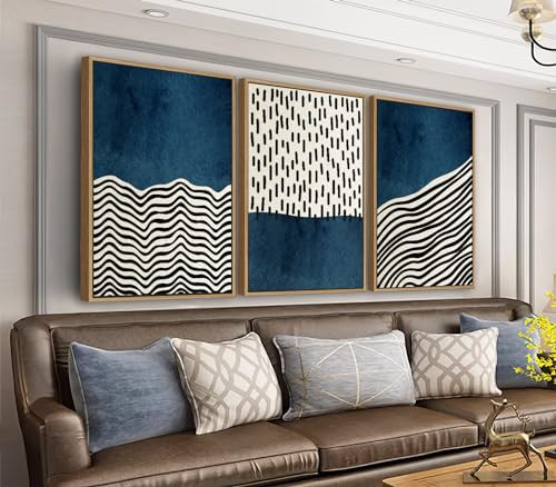 Framed Wall Art Canvas Set Mid Century Boho Picture Modern Abstract Geometric Lines Wall Decor Minimalist Black Indigo Canvas Painting Artwork Living Room Bedroom Home Office 24"x36"x3 Natural | Amazon (US)