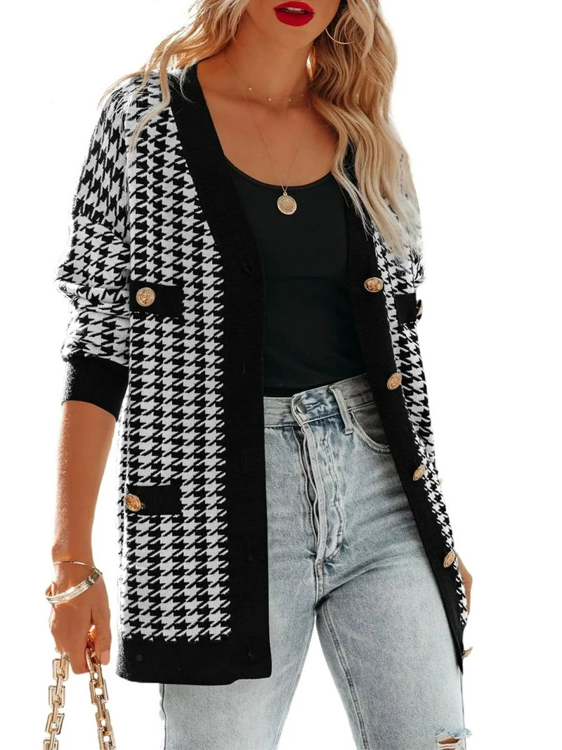 SHEWIN Women's Cardigan Sweaters Casual Open Front Button Down Plaid Chunky Knit Fall Jackets wit... | Walmart (US)