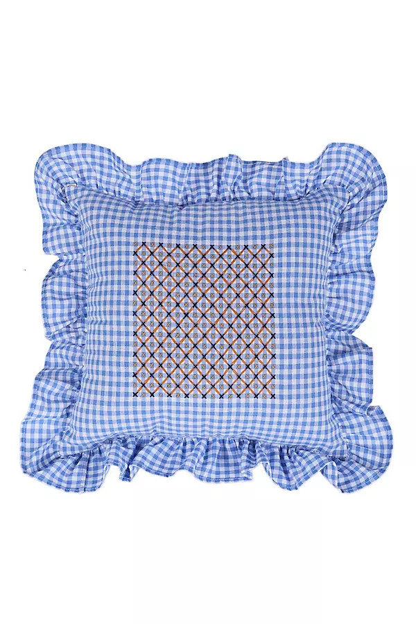 Casa Edel Embroidered Gingham Ruffle Pillow | Anthropologie (US)