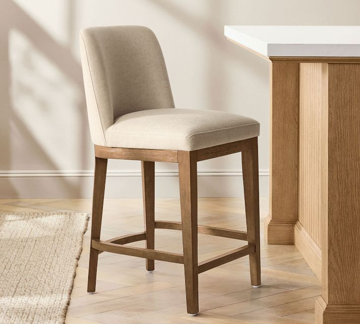 Layton Upholstered Bar Height Stool, Vintage Amber Legs, Performance Heathered Basketweave Dove | Pottery Barn (US)