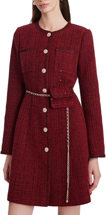 Formal Mini Dress Long Sleeve Crewneck Button Up Tweed Dress for Women with Metal Button | Amazon (US)