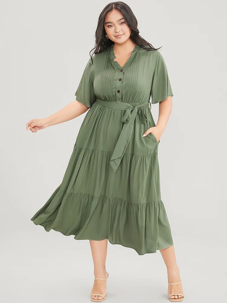 Solid Pleated Pocket Button Through Belted Ruffle Tiered Dress | Bloomchic