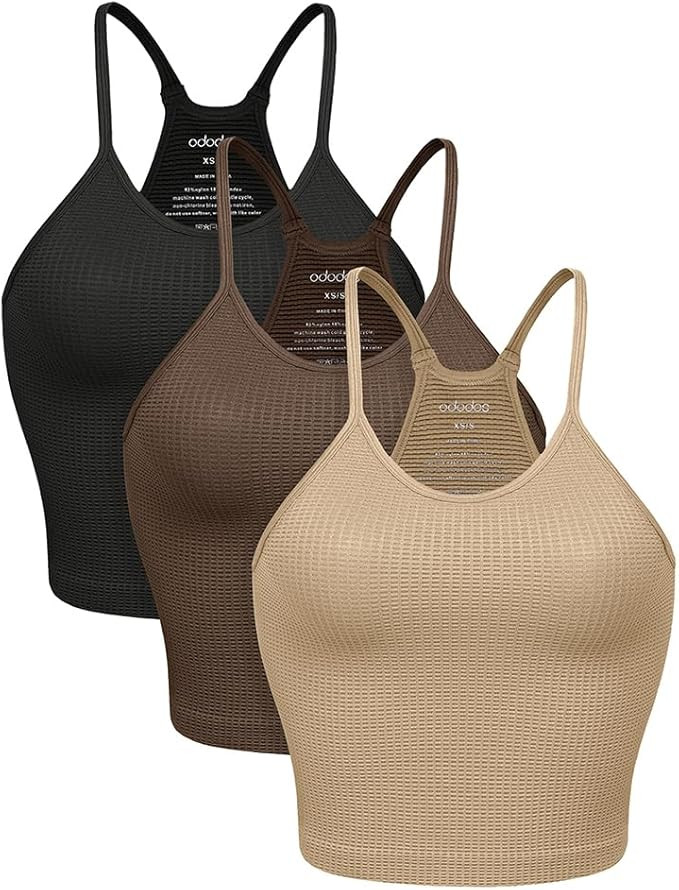ODODOS Women's Crop 3-Pack Waffle Knit Seamless Camisole Crop Tank Tops | Amazon (US)