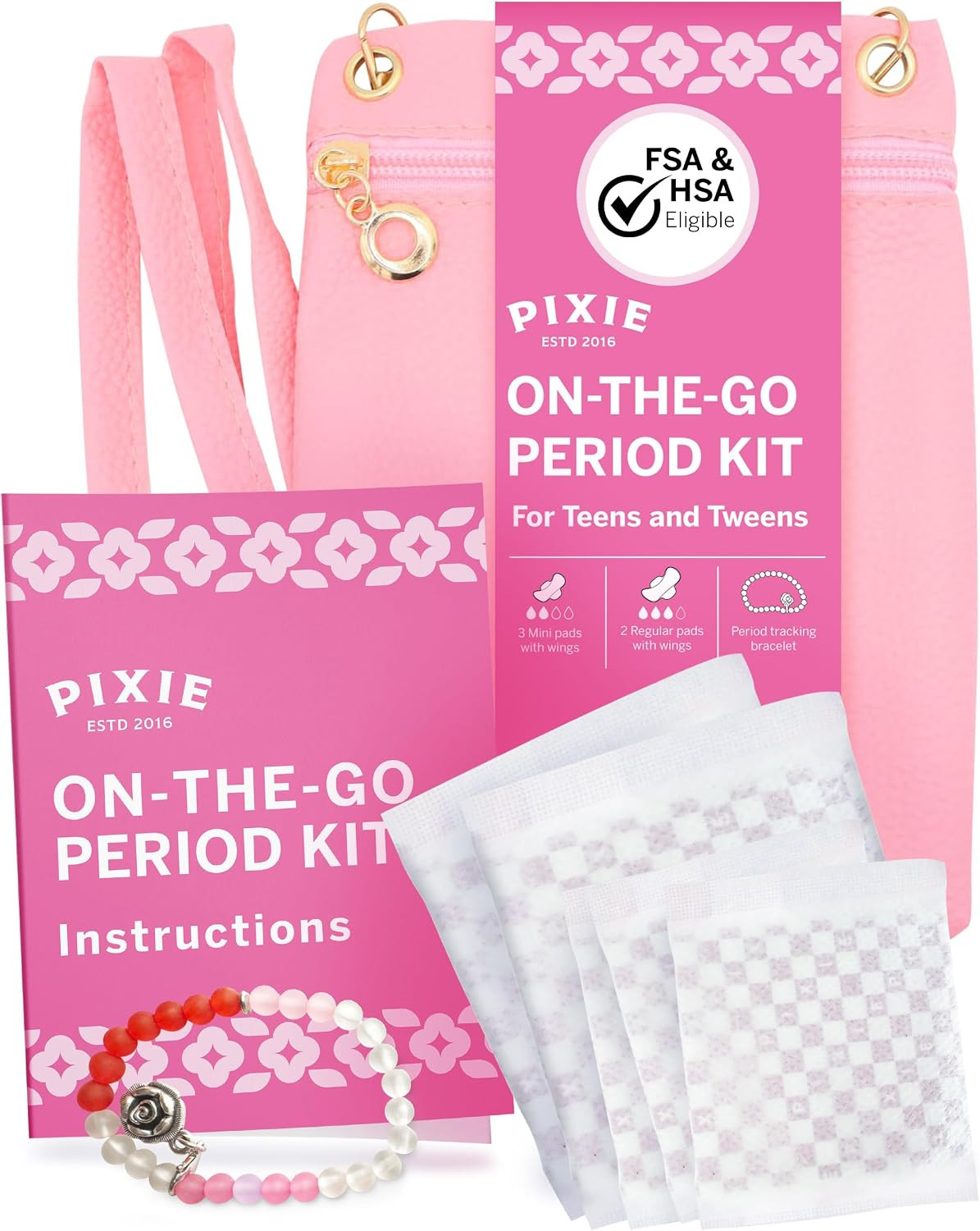 Pixie First Period Kit for Girls 9-12 - Best Organic Cotton Teen Pads with Wings - Period Tracking Bracelet & Discreet Crossbody Bag - On-the-Go Tween Starter Kit & Feminine Care Hygiene Essentials | Amazon (US)