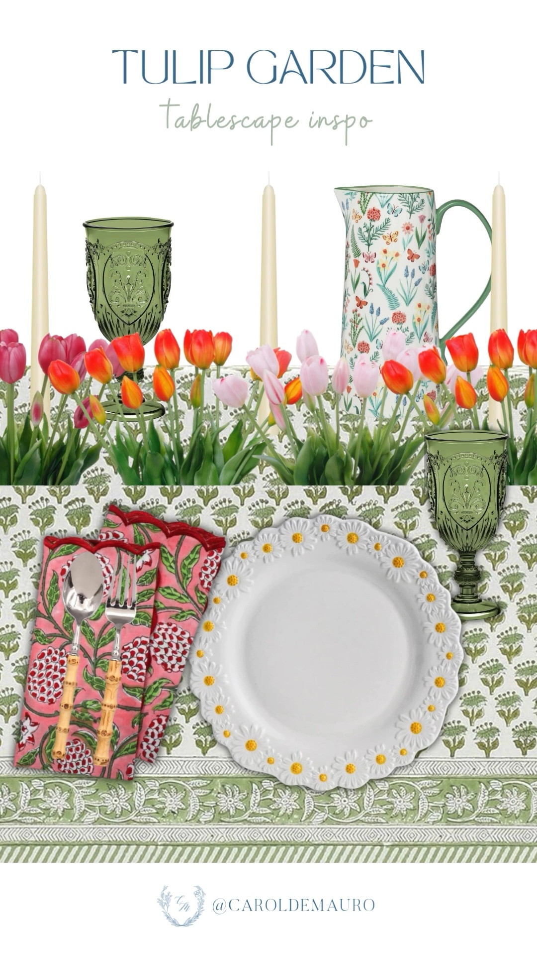 Did someone say garden party? Call your besties, and host the best garden brunch! Shop the green wine glasses, tulip faux flowers, patterned table runner, daisy plates, and you can now spill the tea.

spring tablescape, birthday party inspo, green and white decor, hosting inspo, tableware, table set up, glassware, decor tips

#LTKSeasonal #LTKU #LTKHome