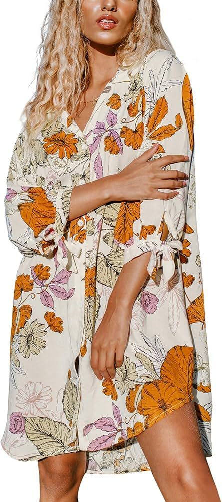 CUPSHE Women Shirt Beach Cover Up Dress 3/4 Sleeve V Neck Button Down Mini Summer Dresses Vacatio... | Amazon (US)