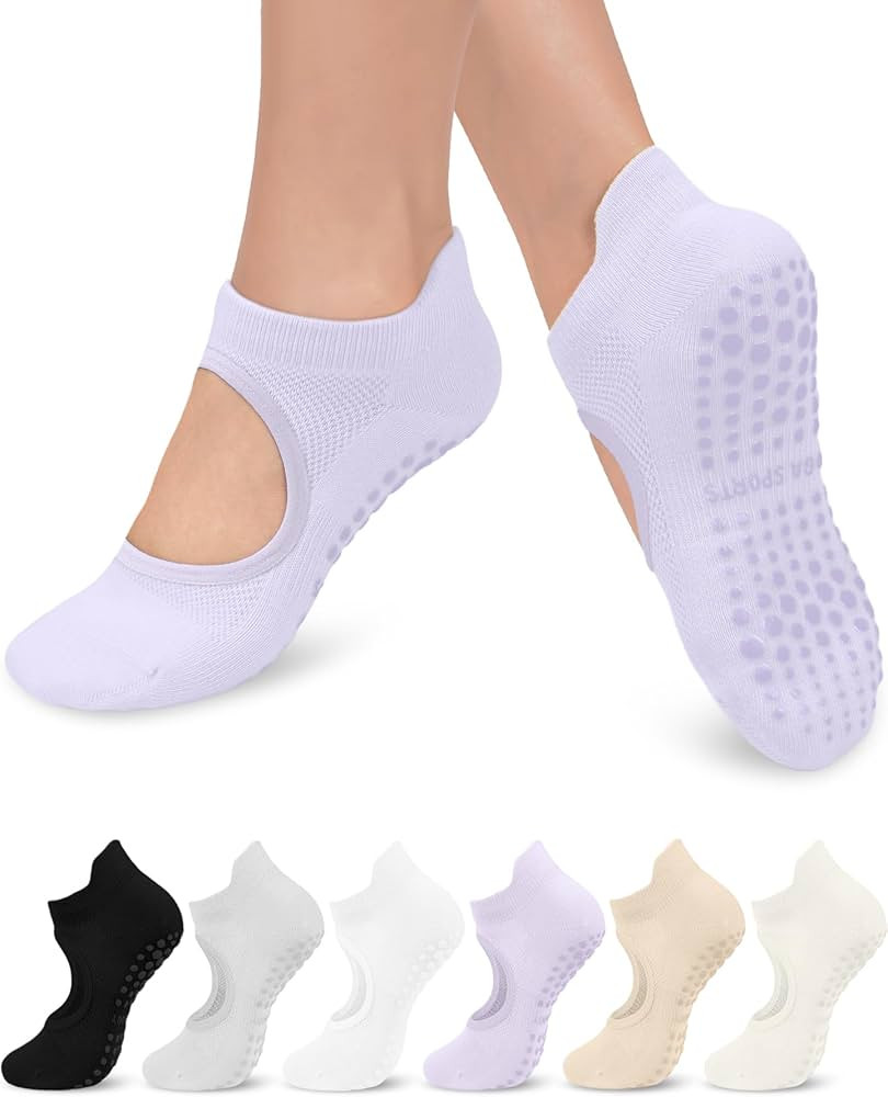 6 Pairs Grip Pilates Socks for Women, Non-slip Yoga Athletic Socks for Barre Ballet Barefoot Work... | Amazon (US)