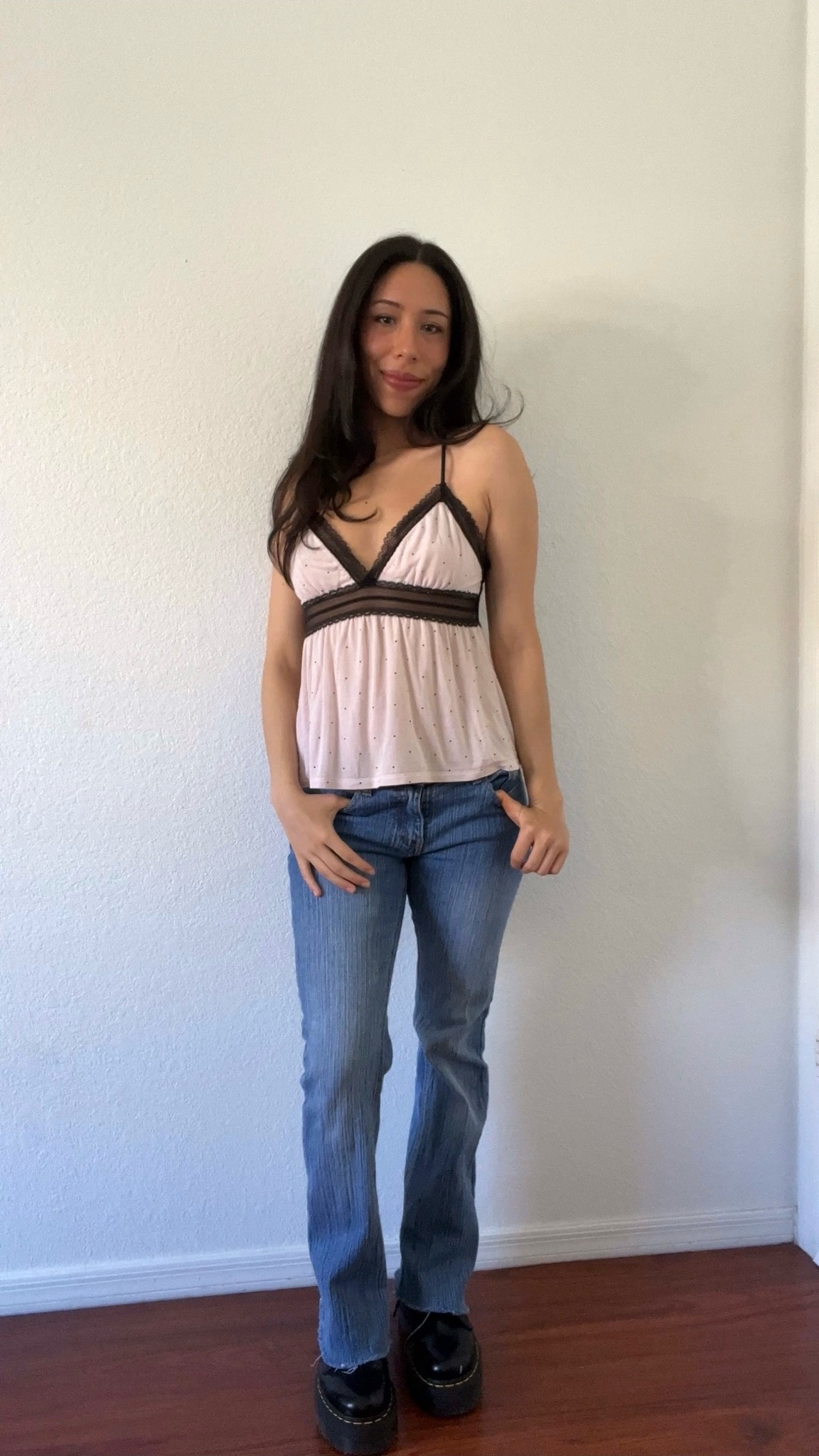 spring outfit ideas: the babydoll top is from a  VS set I got years ago and pants are the “Brielle 90s” from Brandy 