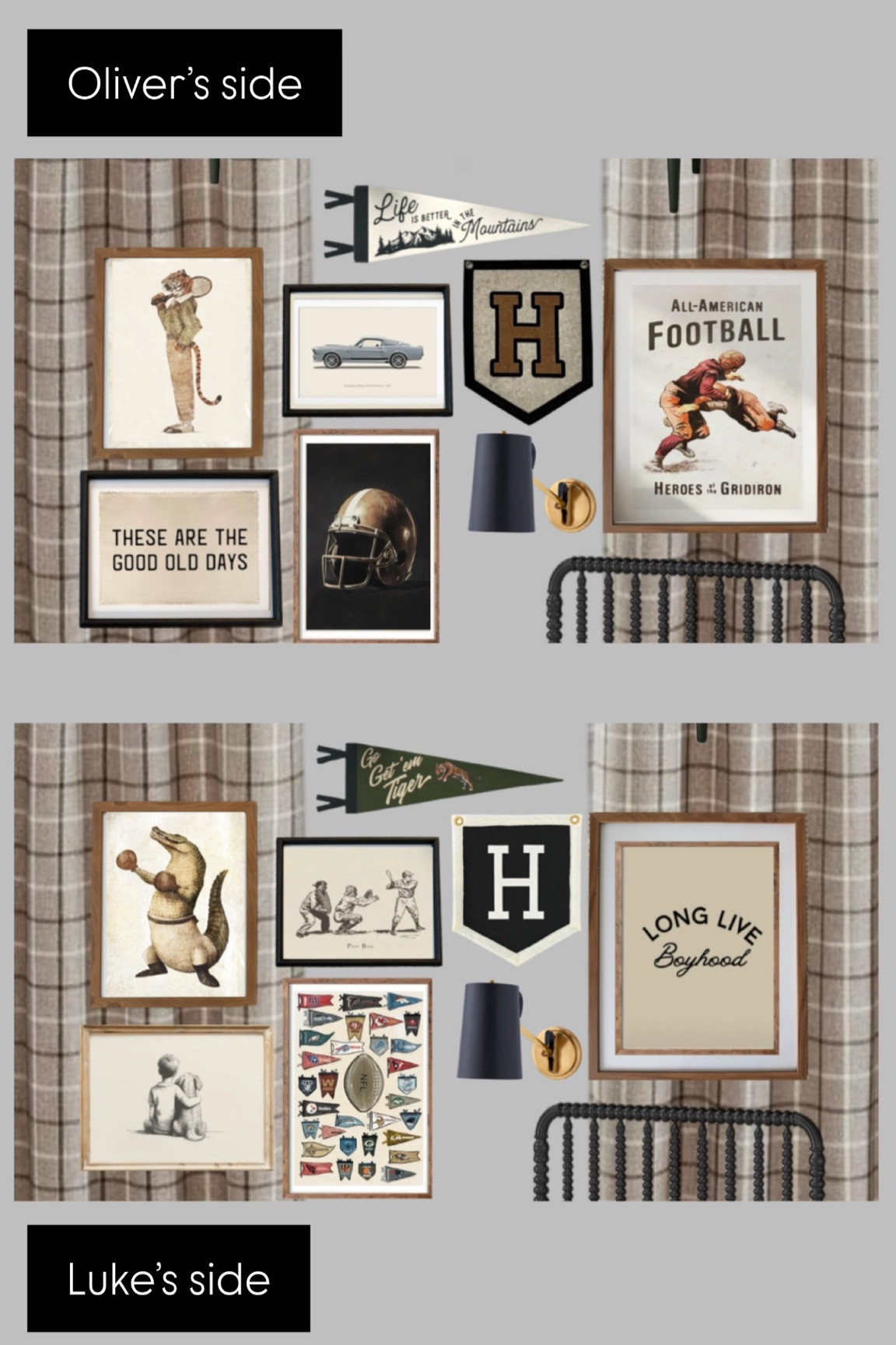 Vintage boyhood gallery wall art inspo for a shared boys room