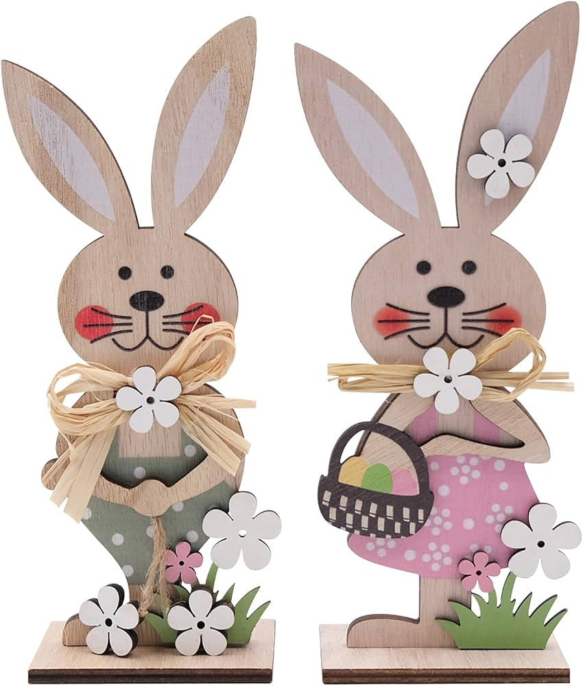 Pack of 2 Easter Bunny Decorations Spring Easter Egg Hunt Decor Cute Bunnies Figures Rabbit Easte... | Amazon (UK)