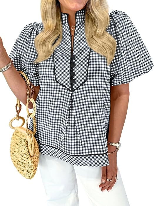 Tankaneo Womens Puff Short Sleeve Blouse Gingham Button Shirts V Neck Tops | Amazon (US)