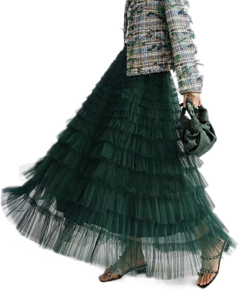 Women’s Multilayer Ruffles Tulle Skirt Pleated High Waist Fluffy Maxi Skirt Fairy Cake Dress Lo... | Amazon (US)