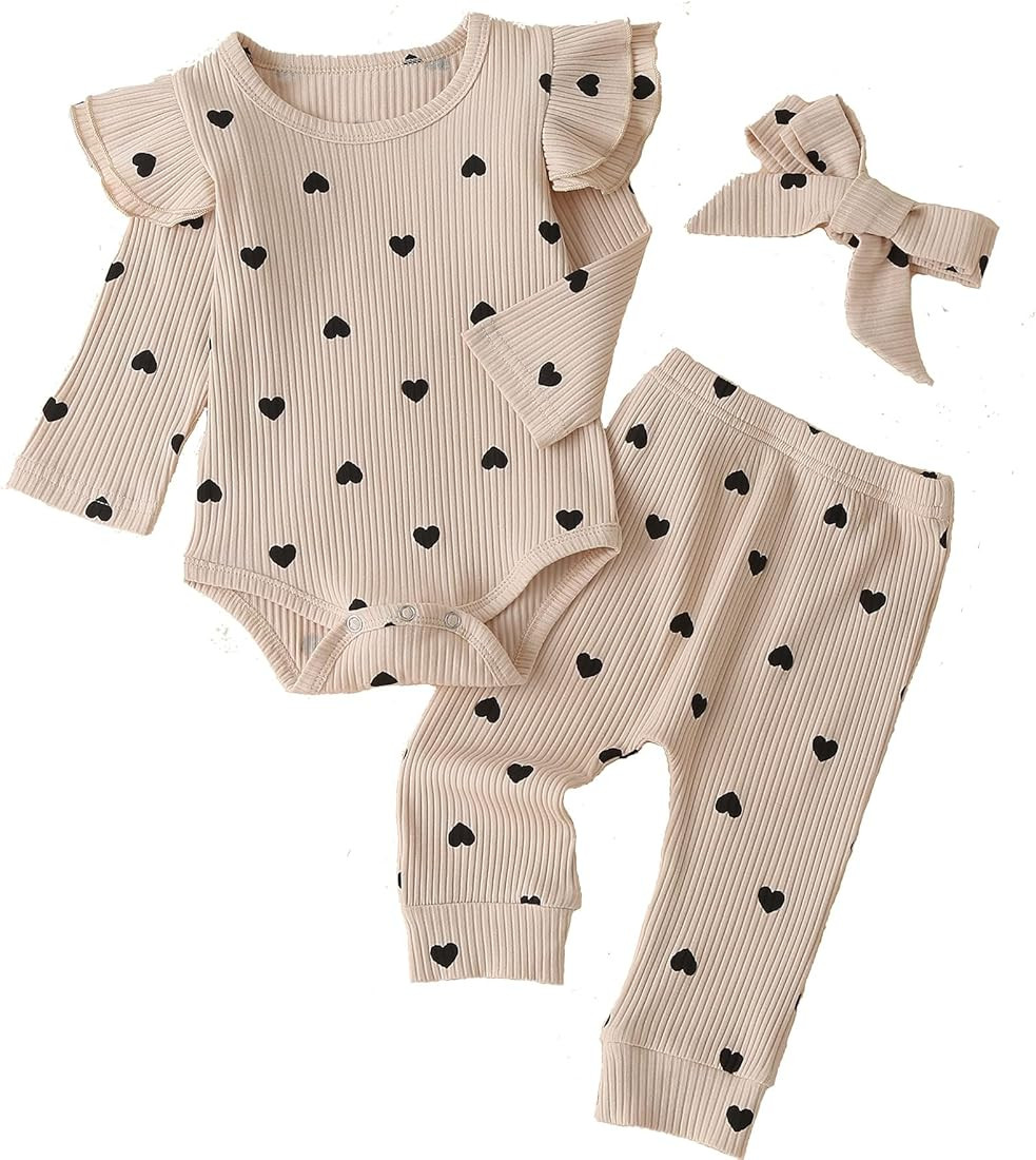 Fullfamous Baby Girl's 3pc Rib Frill Long Sleeve Romper and Pant Set | Amazon (US)