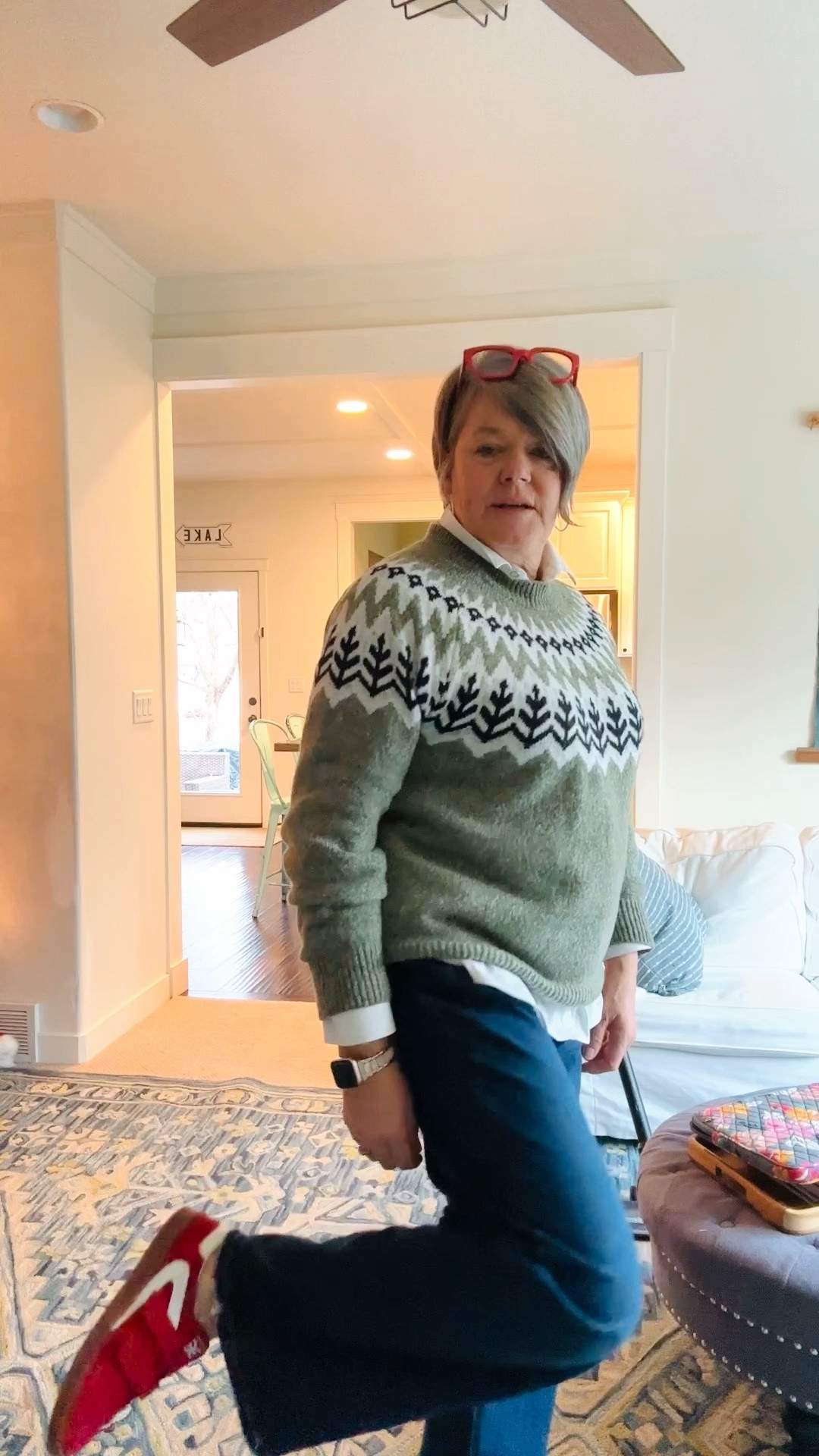 It’s been a busy day but I wanted to share my #ootd it’s been cold windy and raining so I put on this soft snuggly fair Isle sweater over my favorite @chicos white button down blouse. My jeans are a dark wash Kensie jeans they have a slight flair and are super comfortable. Red Sam Edleman sneakers! I always get compliments on them! #fairislesweater #cozysweater #colddayoutfit 

#LTKOver40 #LTKdayinmylife #LTKMidsize