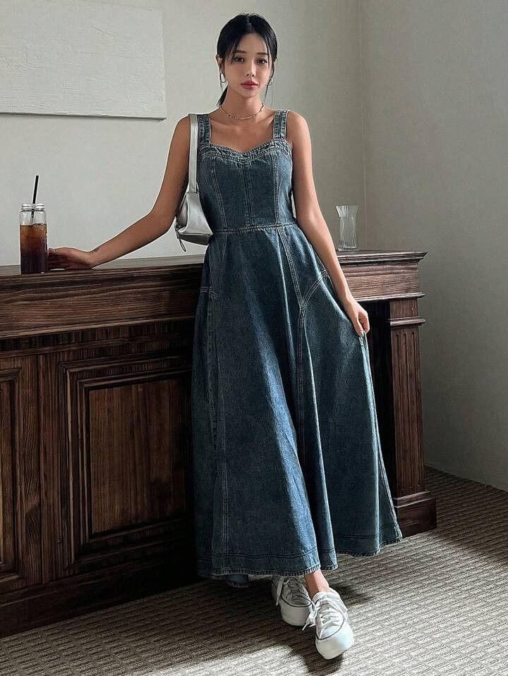 DAZY Solid Zip Back Denim Dress Sundress | SHEIN