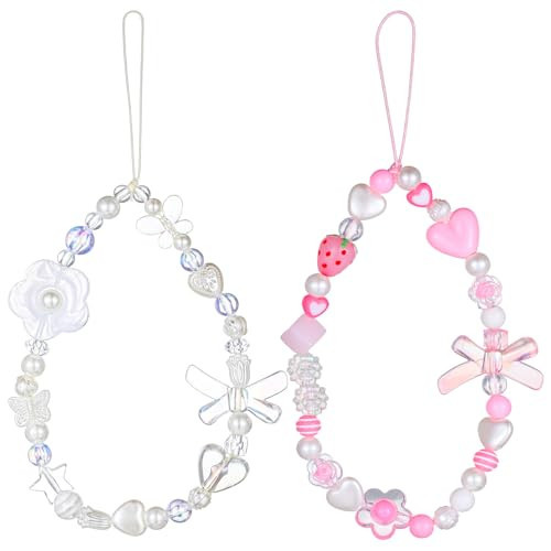 2 Pcs Pink Phone Charm, Cute Beaded Phone Wrist Strap Pink Beaded Bracelet Strap Aesthetic Lanyard Wrist Straps Phones Bracelet Lanyard with Bow Love Pearl Phones Case Keychain Charm for Women Girls | Amazon (US)