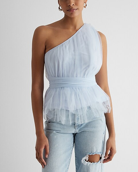 Tulle One Shoulder Peplum Top | Express