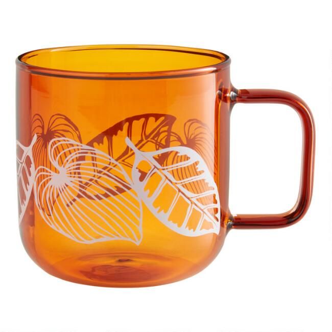 Amber Brown Glass Painted Leaf Mug | World Market