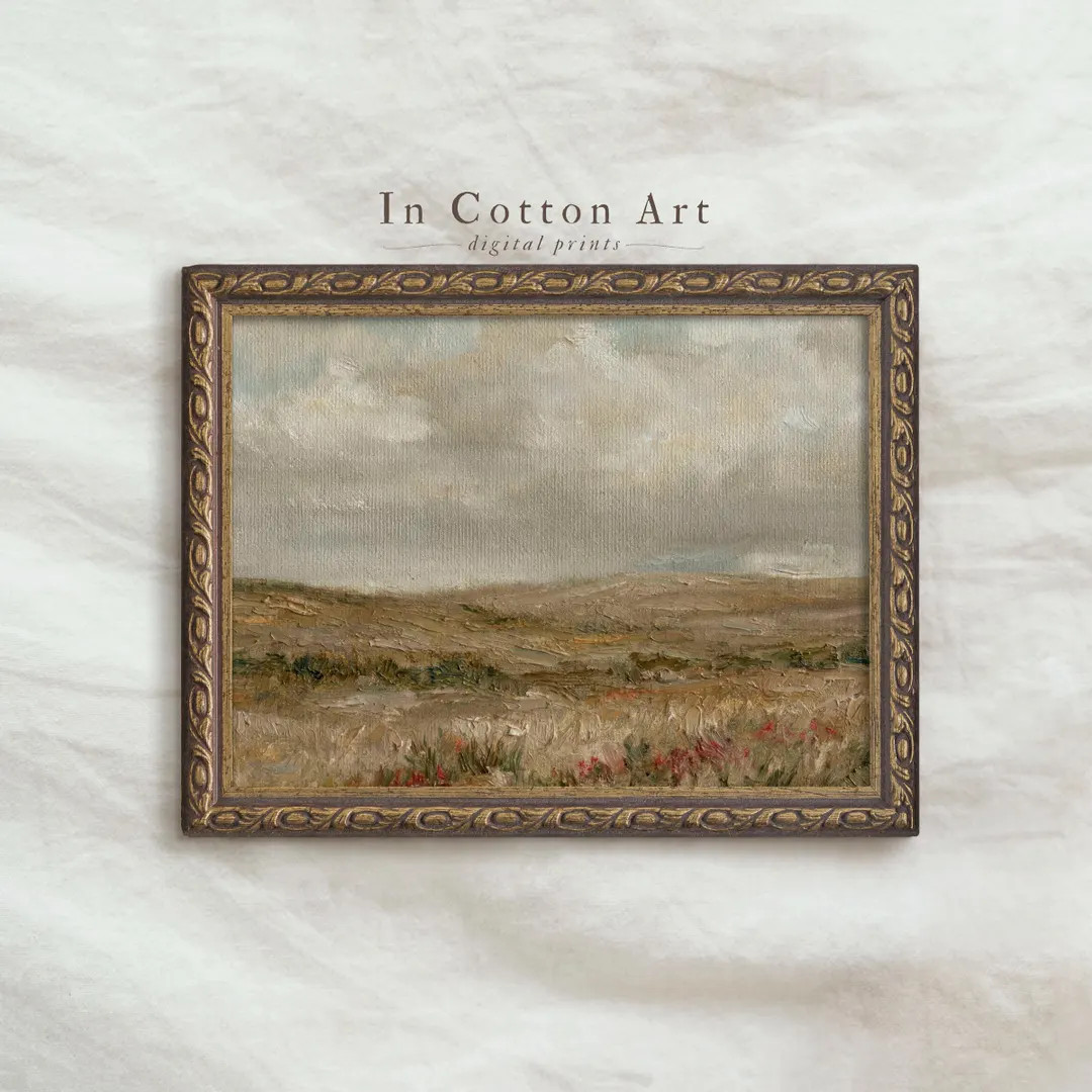 Muted Spring Cottage Landscape Print, Vintage Wildflower Field Oil Painting, Rustic Decor | P366 | Etsy (US)