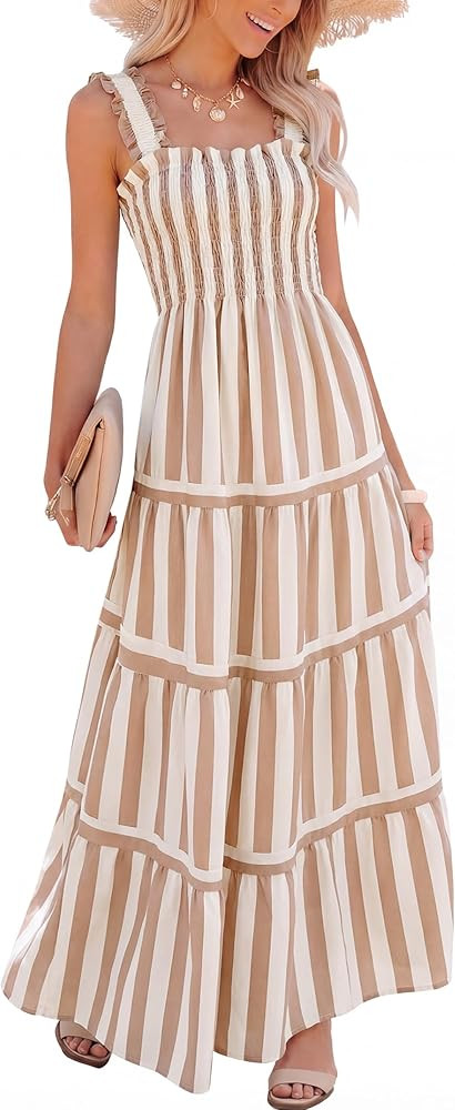 Caracilia Womens Summer Maxi Dresses Floral Smocked Sleeveless Ruffle Boho Casual Flowy Aline Bea... | Amazon (US)